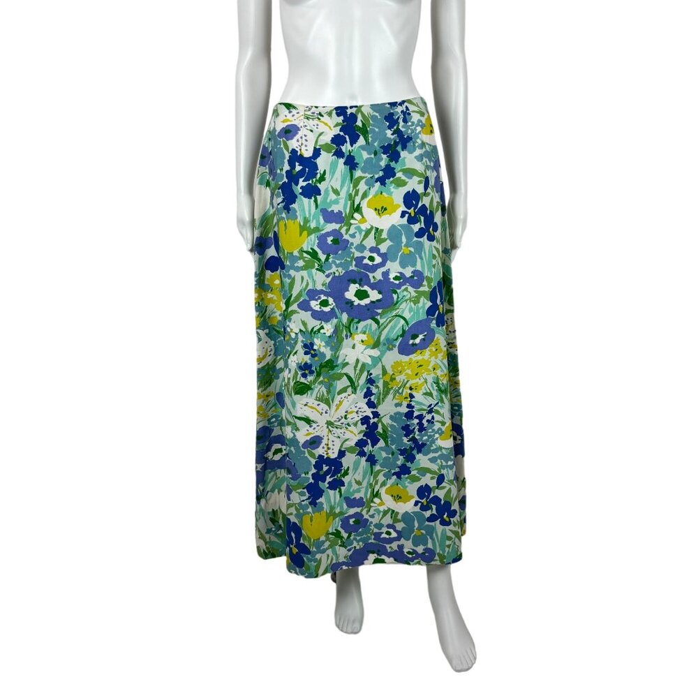 Vintage 70s Midi Skirt Women's Small Large Floral Print Blue Green Susan Bee - Picture 2 of 10